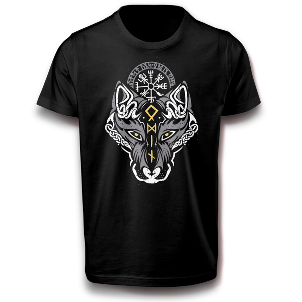 Wikinger Wolf Tier mit Nord Rune Symbol T-Shirt schwarz 110 - 3XL Baumwolle Odin Valhalla Tribal Kampf Krieger Ragnar Raubtier