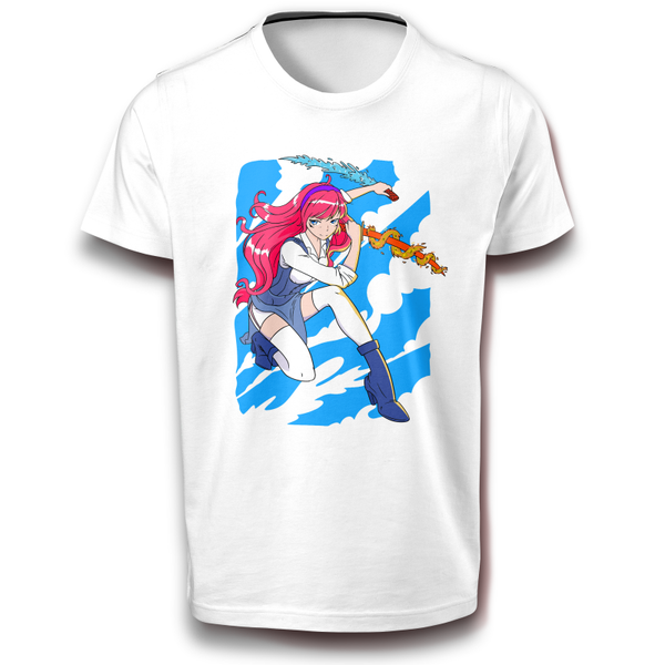 Anime Mädchen Feuer & Wasser Schwert Japan Streitkräfte T-Shirt weiß 122 - 3XL Baumwolle