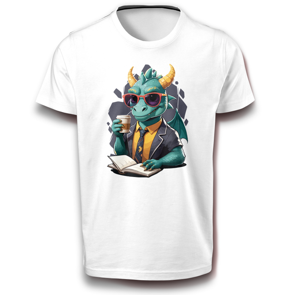 Leser Drache trinkt Coffee-to-go Kaffee Buch Brille Cool Fun Mischwesen Fabelwesen Fantasie T-Shirt weiß 122 - 3XL Baumwolle DTF