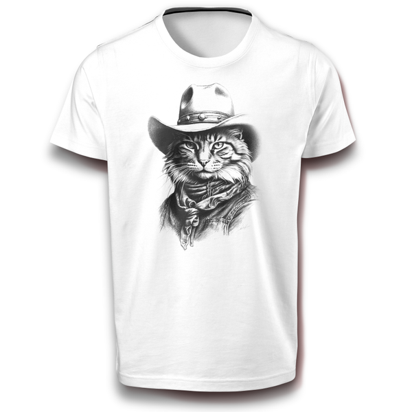 Cowboy Kater Katze mit Hut Charmant Western Cat Mietze Haustier Hauskatze Wild Mut Tier T-Shirt weiß 122 - 3XL Baumwolle