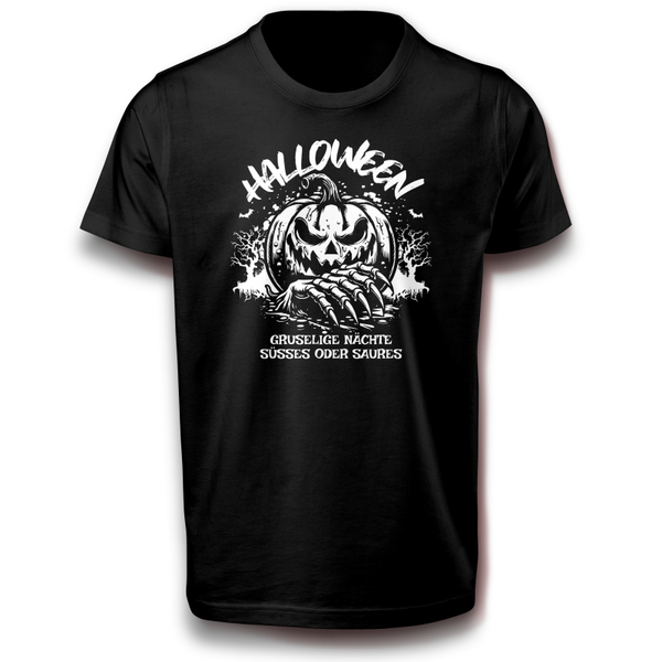 Kürbis T-Shirt Grusel Design mit Halloween Symbolen-Süßes oder Saures Shirt