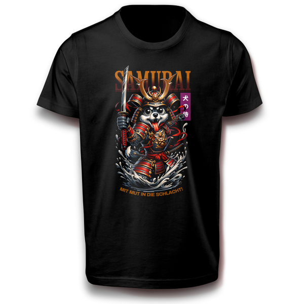 Samurai Krieger Hund T-Shirt „MIT MUT IN DIE SCHLACHT!“ episches Design
