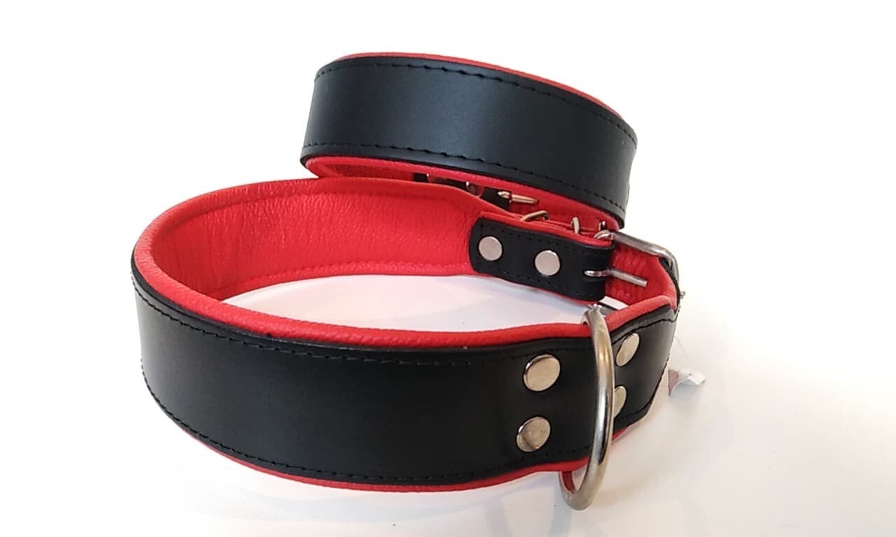 LEDER Classic Collar zwart/rood Cuir 50mm