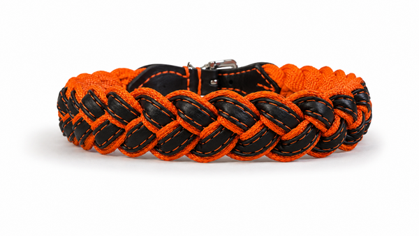 Leder / Nylon gevlochten collar zwart/oranje