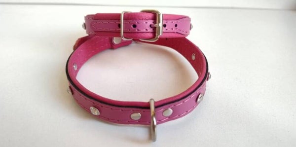 Leder Collar Crystals roos