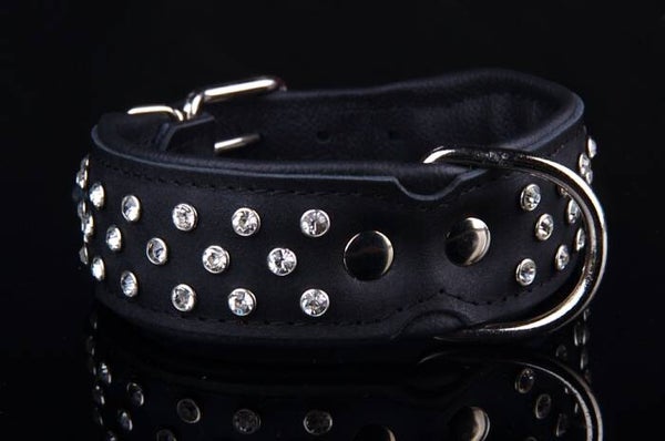 LEDER COLLAR strass crystal zwart XL