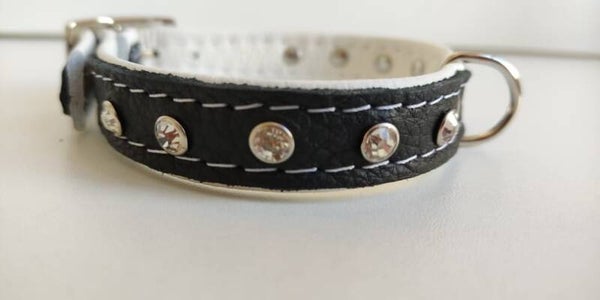 LEDER COLLAR strass crystals wit - zwart/wit