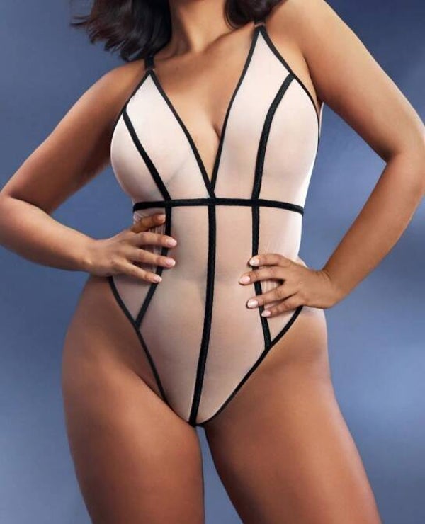 Damen Body mit Kontrastfarbigen Saum, Durchsichtig in 2XL