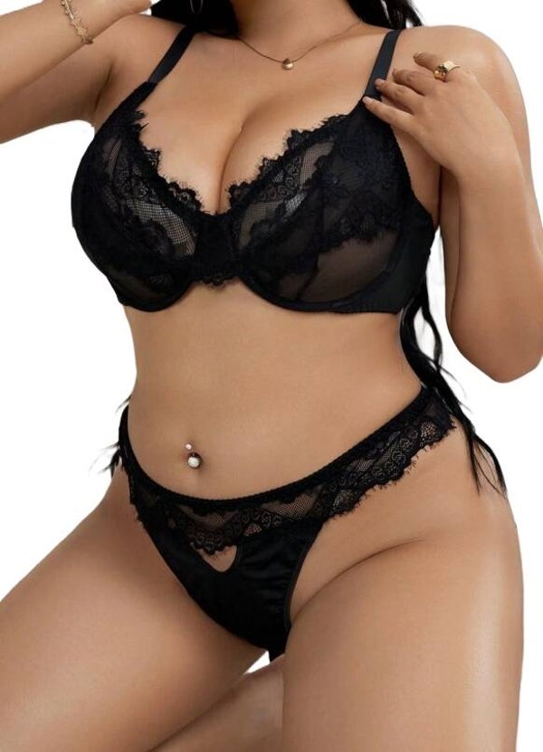 Damen Wäsche Set mit Blumen Spitze in Schwarz