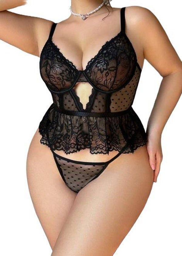 Damen Dessous Set mit gerafftes Blumenspitzen-Patchwork-Ausschnitt in Schwarz