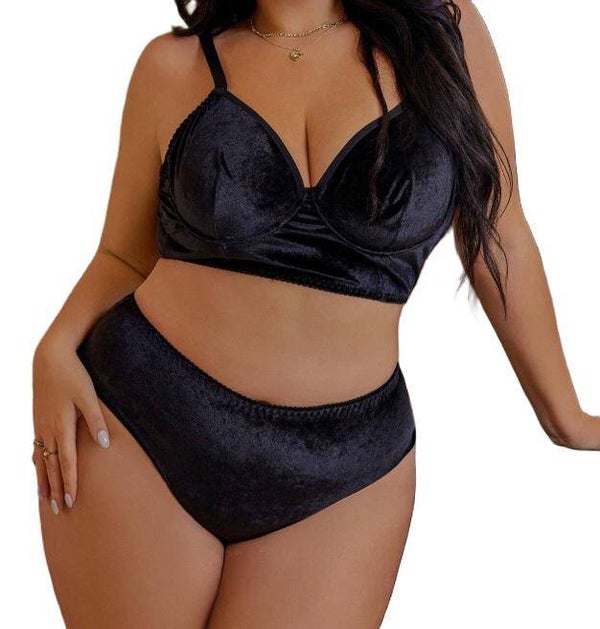 Damen Wäsche Set mit Spitze, Samt in Schwarz 2XL