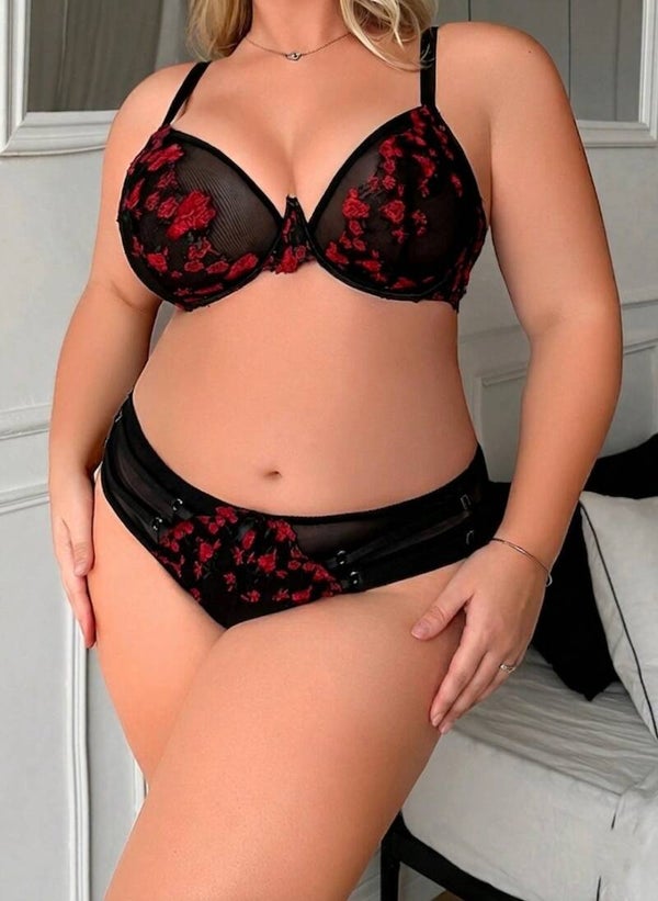 Damen Dessous Wäsche Set mit floraler Stickerei und Mesh, Bügel BH in 2XL