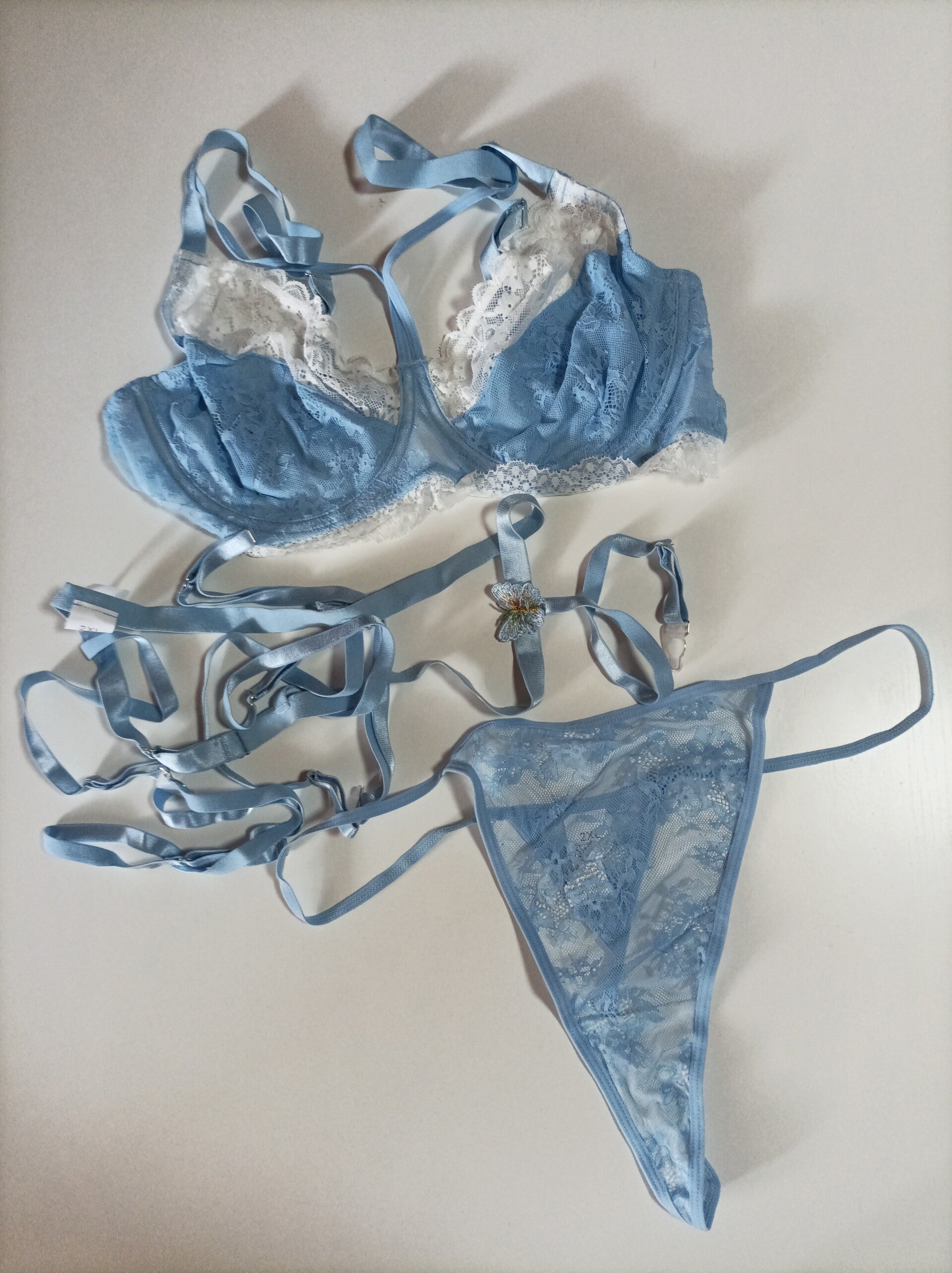 Damen Spitzen-Dessous-Set mit Strumpfhalter (3-teilig) – Himmelblau 2XL