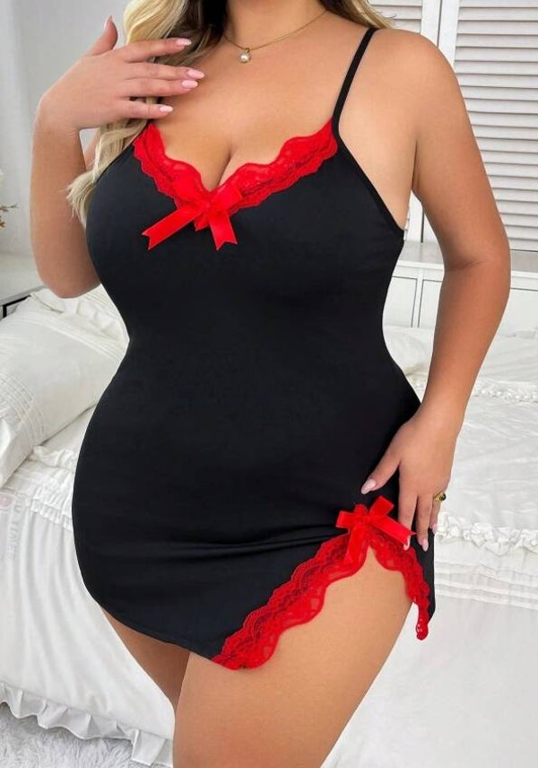 Damen Nachthemd mit einfarbiger Schleife, Spitzen-Patchwork, V-Ausschnitt und seitlichem Schlitz in 2XL