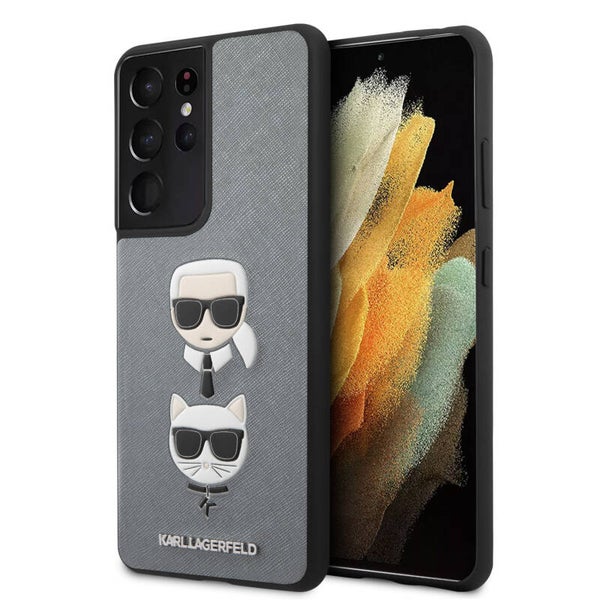 Karl Lagerfeld Samsung Galaxy S21 Ultra Zilver Backcover hoesje - Saffiano Ikonik Karl&Choupette Head