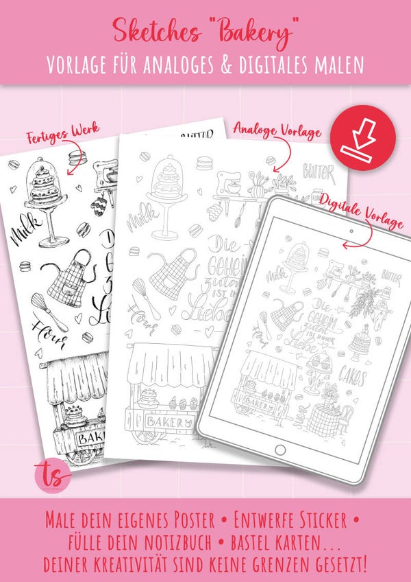 Malvorlage Sketch Bakery analog & digitales malen