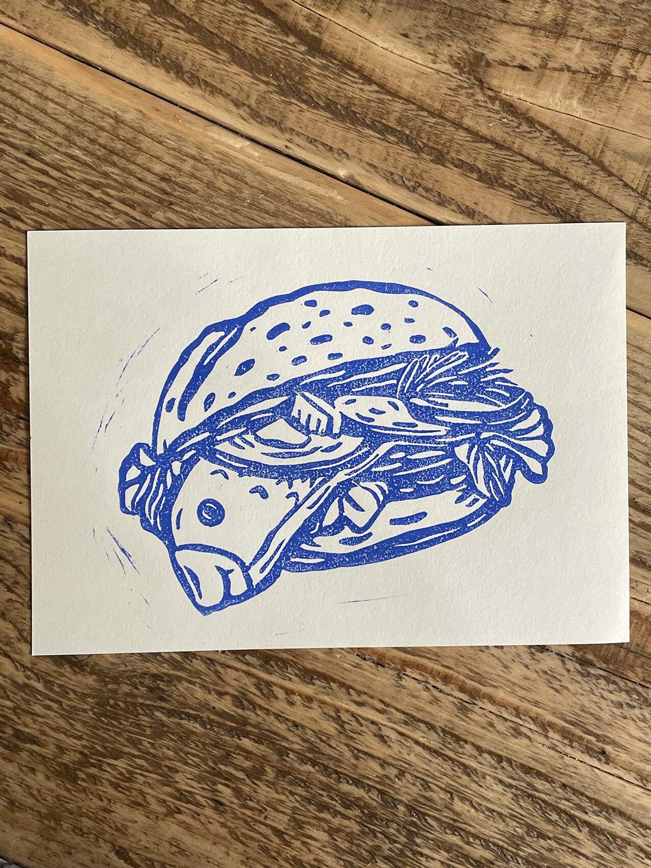 Original Linoldruck Blaues Fischbrötchen natur