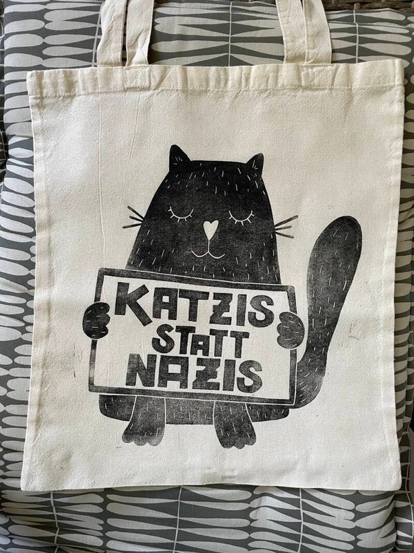 2. WAHL NR. 3 "Katzis statt Nazis" – Original Linoldruck auf Jutebeutel