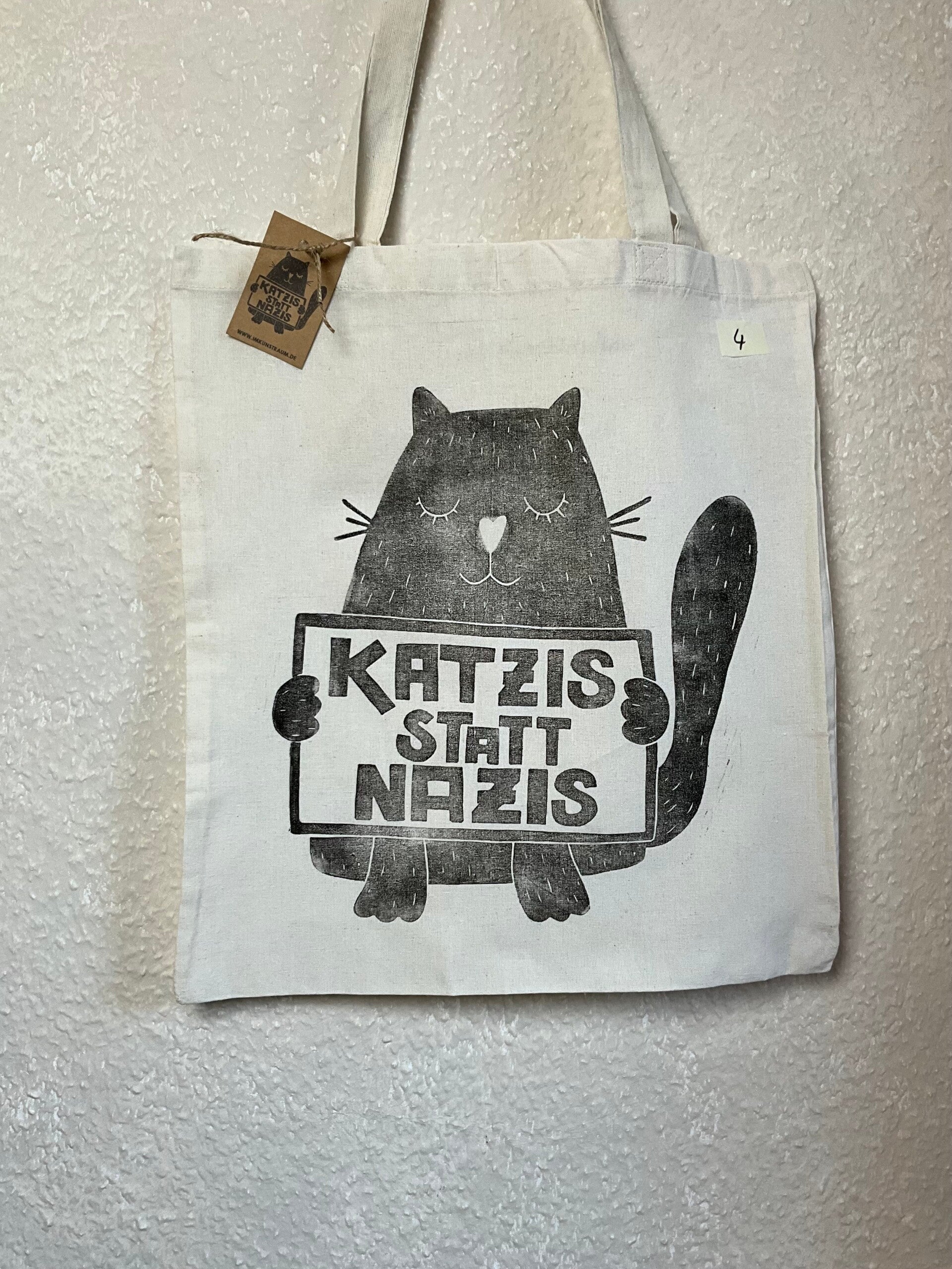 2. WAHL NR. 4 "KATZIS STATT NAZIS" – Original Linoldruck auf Jutebeutel