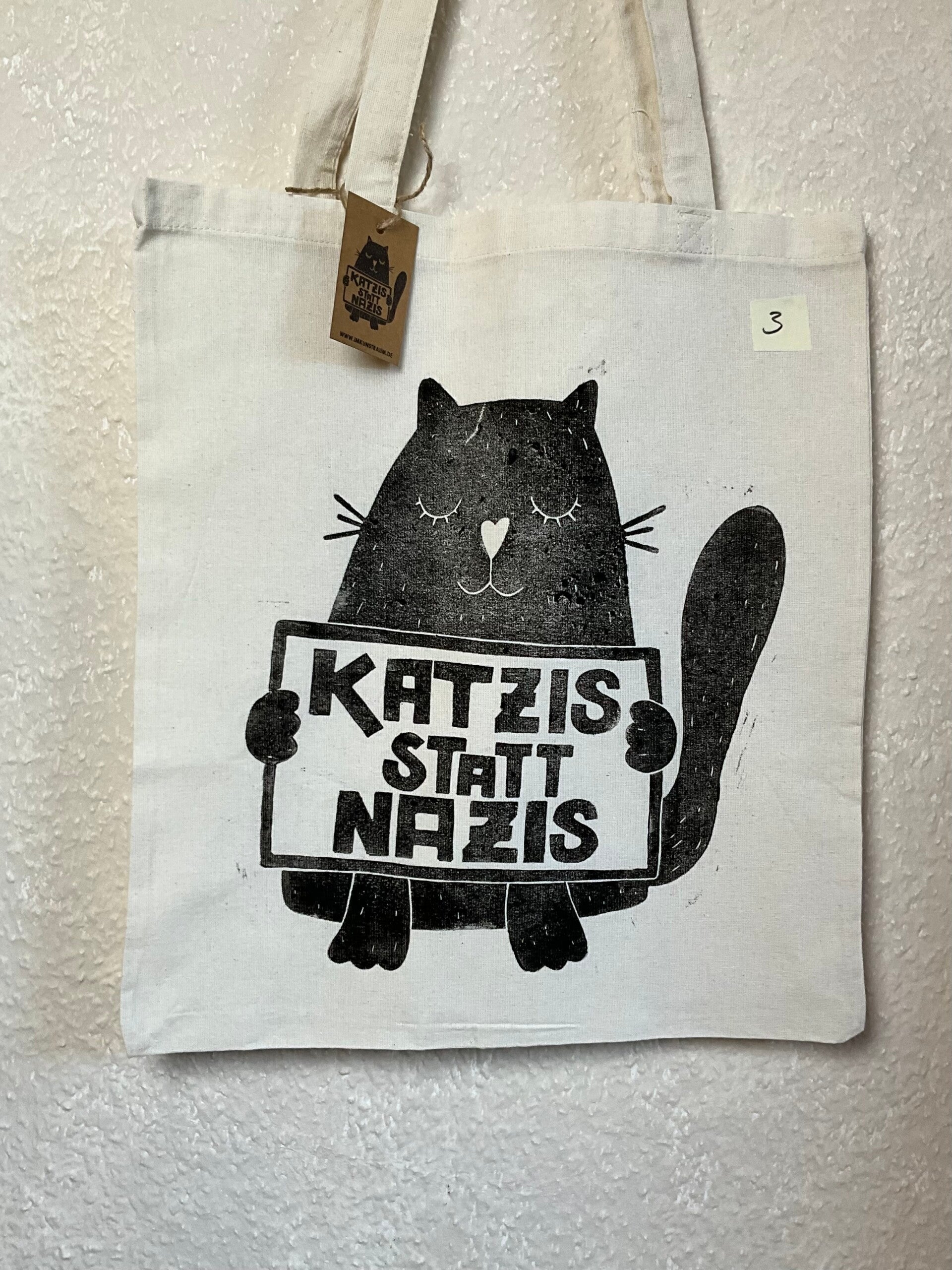2. WAHL NR. 3 "KATZIS STATT NAZIS" – Original Linoldruck auf Jutebeutel