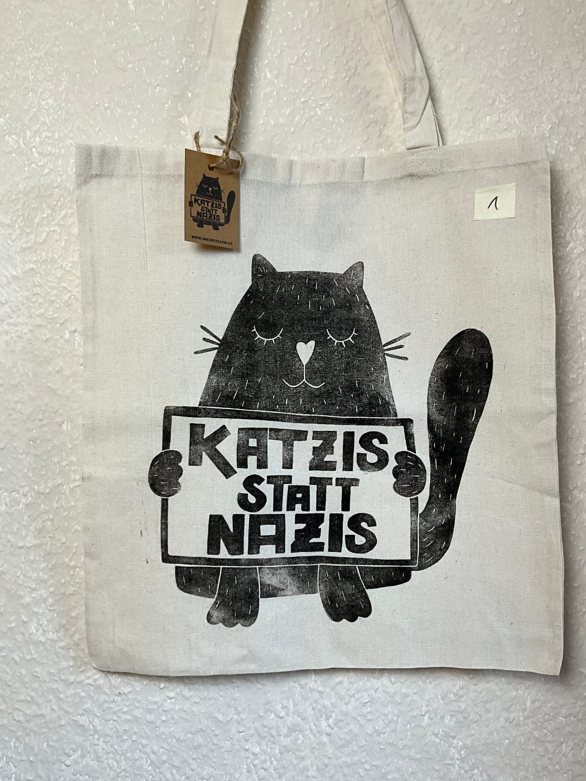 2. WAHL NR. 1 "KATZIS STATT NAZIS" – Original Linoldruck auf Jutebeutel