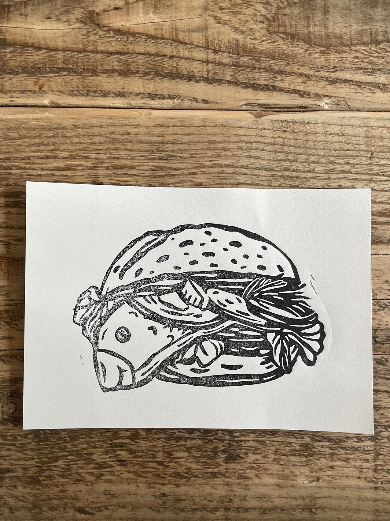 / Sale / Original Linoldruck Fischbrötchen natur