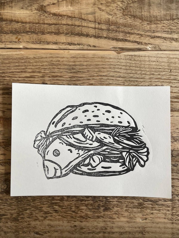 / Sale / Original Linoldruck Fischbrötchen natur