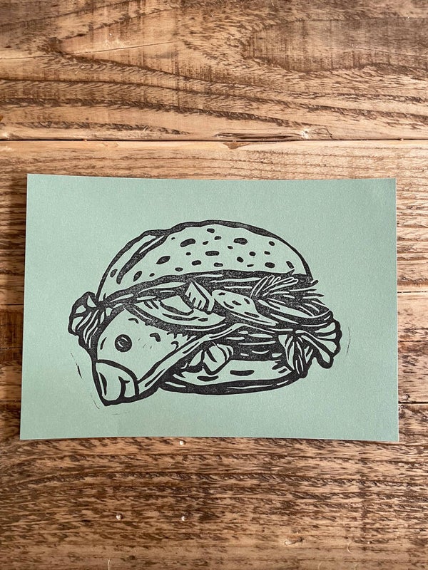 Original Linoldruck Fischbrötchen auf Greygreen