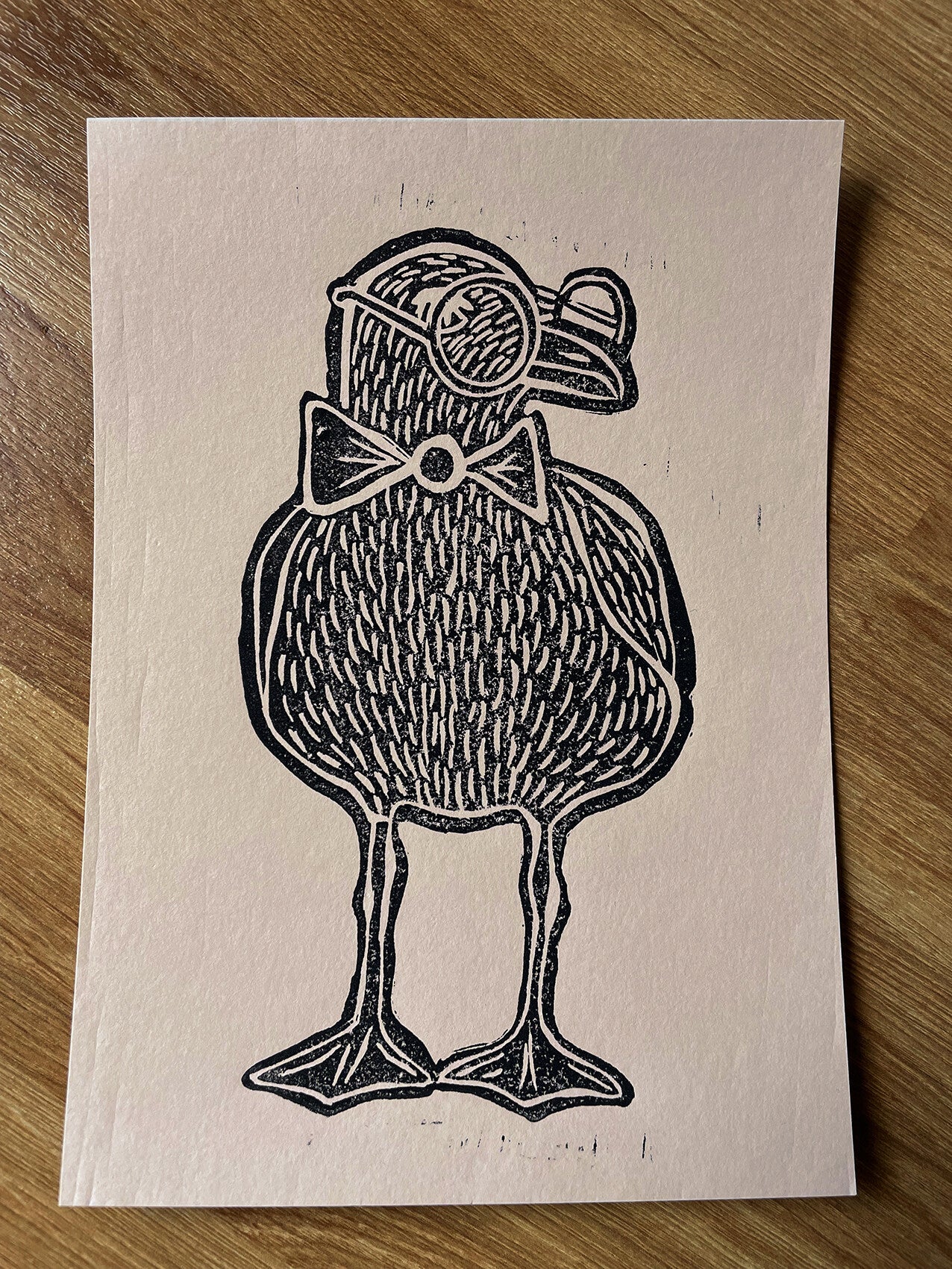 Original Linoldruck Schwarze Möwe auf Beige