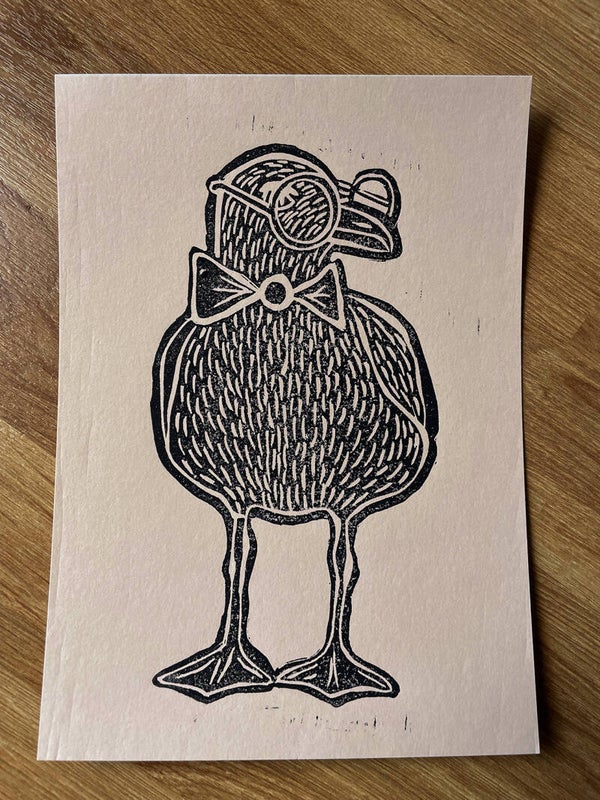 Original Linoldruck Schwarze Möwe auf Beige