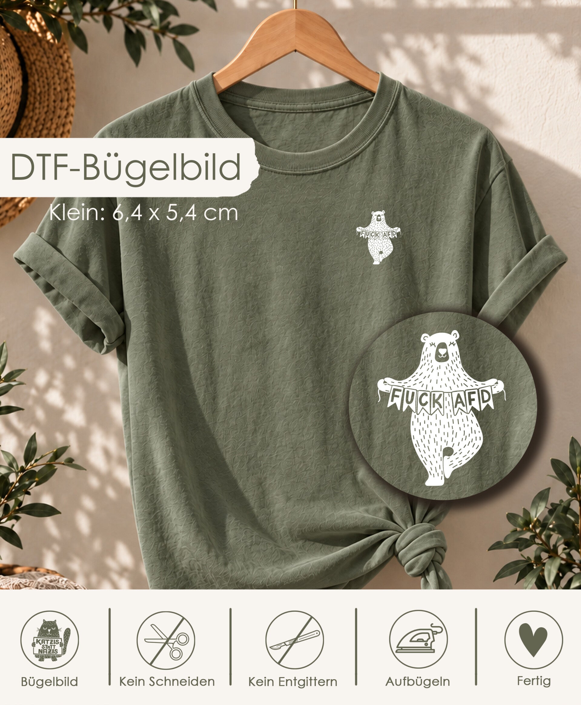 DTF-Bügelbild - Bär "Fuck AFD" - klein - weiß