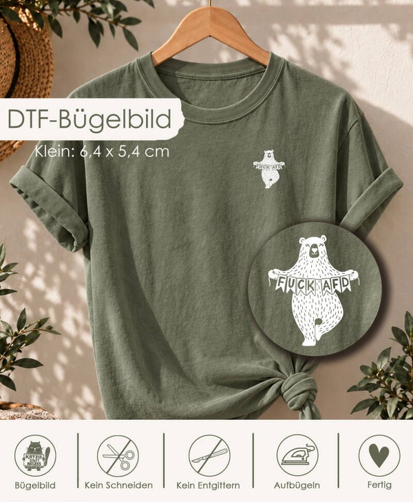 DTF-Bügelbild - Bär "Fuck AFD" - klein - weiß