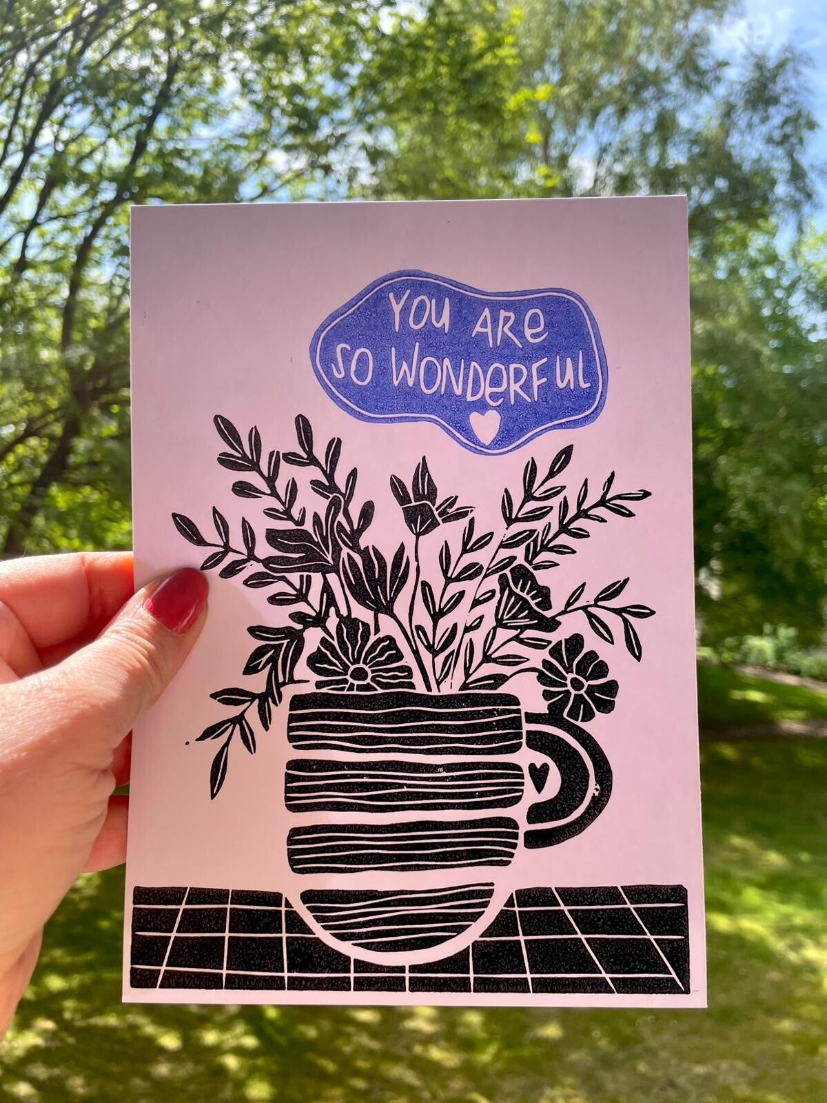 You are so wonderful_blau Original Linoldruck