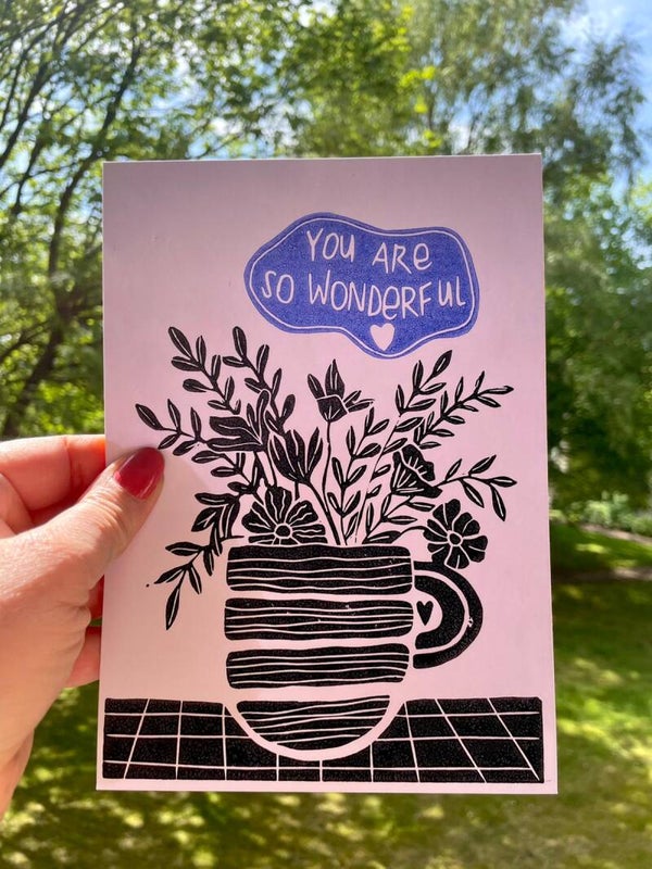 You are so wonderful_blau Original Linoldruck
