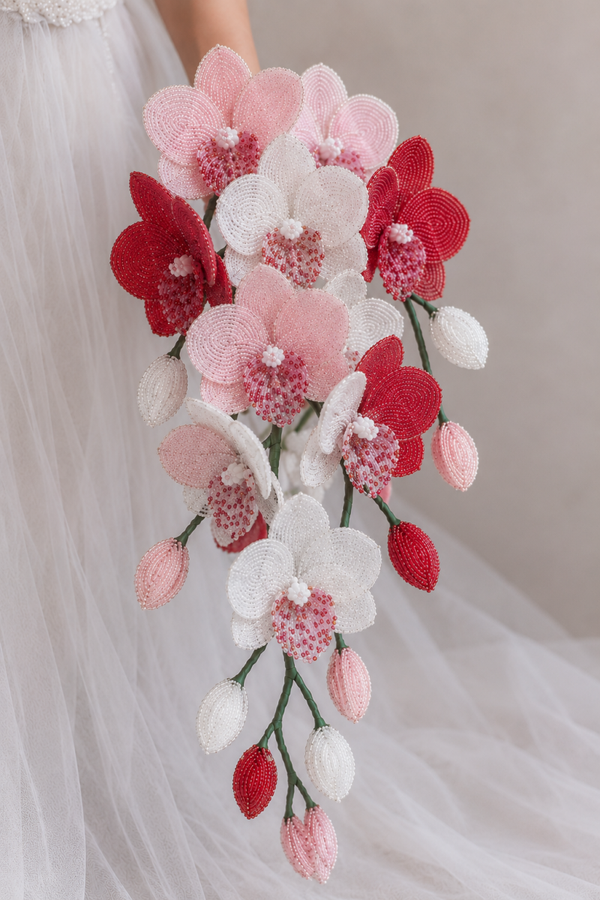 Handmade Beaded Orchid Bridal Bouquet – White, Pink & Red Cascade Wedding Bouquet