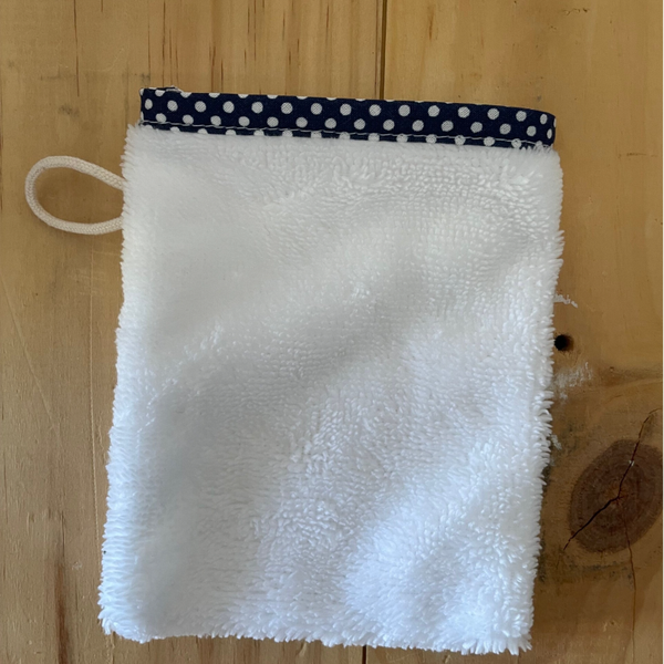 gant de toilette d'apprentissage bleu marine à pois
