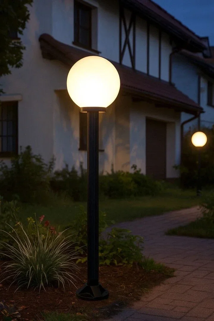 Garten-Stehleuchte schwarz mit weißem Kugelschirm Ø 30 cm für Wege und Terrasse, H 80 cm