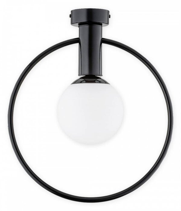 Moderner Deckenplafond mit opaler Glaskugel, schwarz glänzend, 1-flammig