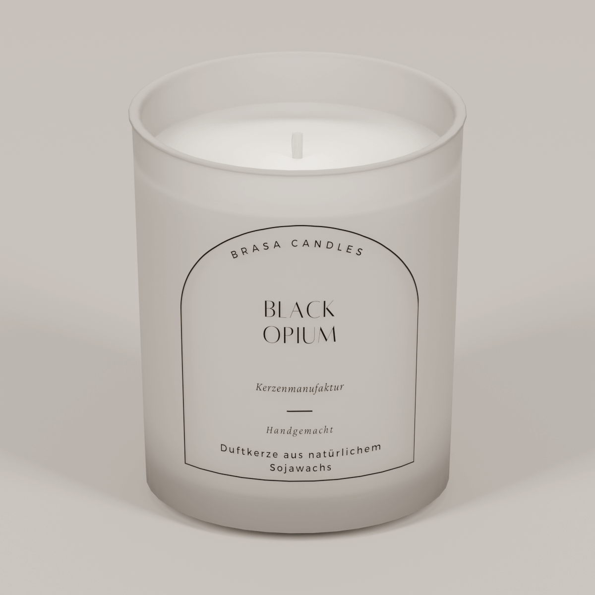 Sojawachskerze „Black Opium“ im Glas 245 ml – Weißer Frost-Look mit Bambusdeckel