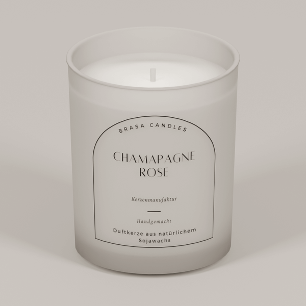 Sojawachskerze „Champagne Rose“ im Glas 245 ml – Weißmattes Design mit Bambusdeckel
