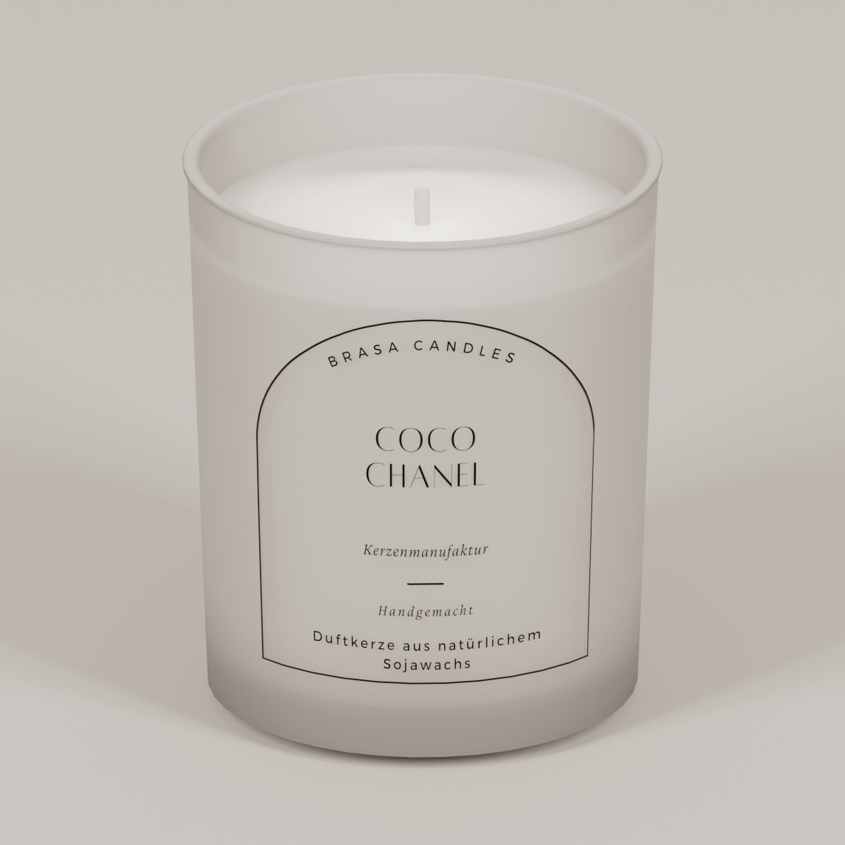 Sojawachskerze „Coco Chanel“ im Glas 245 ml – Weißer Frost-Look mit Bambusdeckel