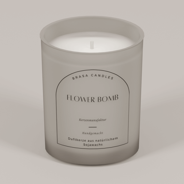 Sojawachskerze „Flower Bomb“ im Glas 245 ml – Graumattes Design mit Bambusdeckel