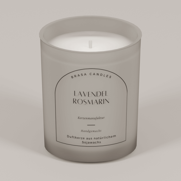 Sojawachskerze „Lavendel & Rosmarin“ im Glas 245 ml – Graumattes Design mit Bambusdeckel