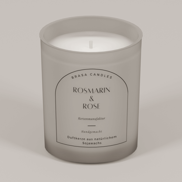 Sojawachskerze „Rosmarin & Rose“ im Glas 245 ml – Graumattes Design mit Bambusdeckel