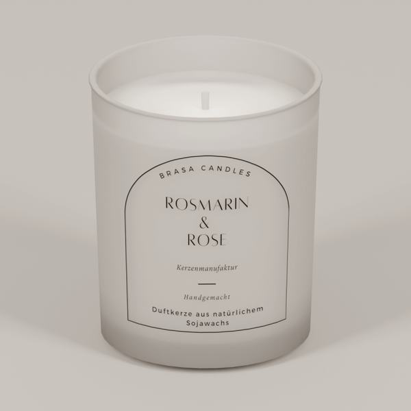 Sojawachskerze „Rosmarin & Rose“ im Glas 245 ml – Weißer Frost-Look mit Bambusdeckel