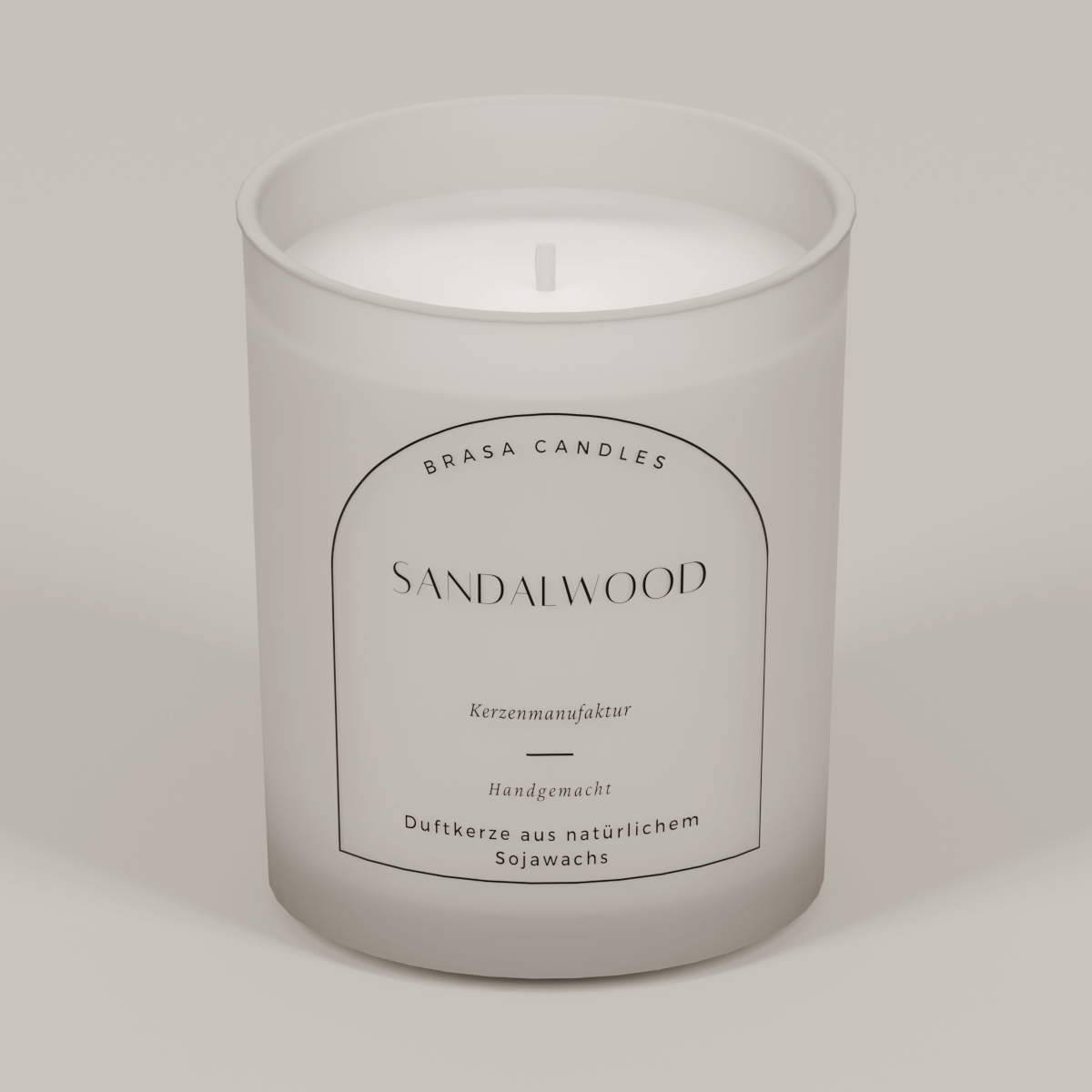 Sojawachskerze „Sandalwood“ im Glas 245 ml – Weißer Frost-Look mit Bambusdeckel