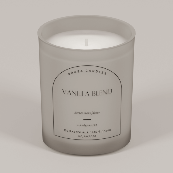 Sojawachskerze „Vanilla Blend“ im Glas 245 ml – Graumattes Design mit Bambusdeckel
