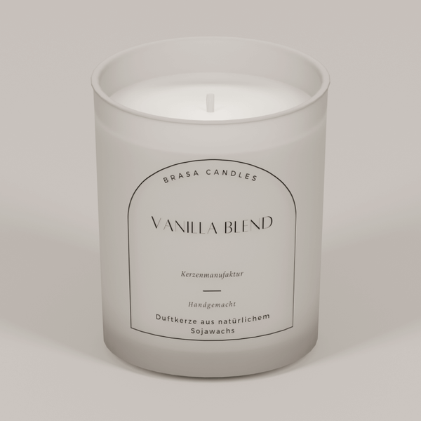Sojawachskerze „Vanilla Blend“ im Glas 245 ml – Weißer Frost-Look mit Bambusdeckel