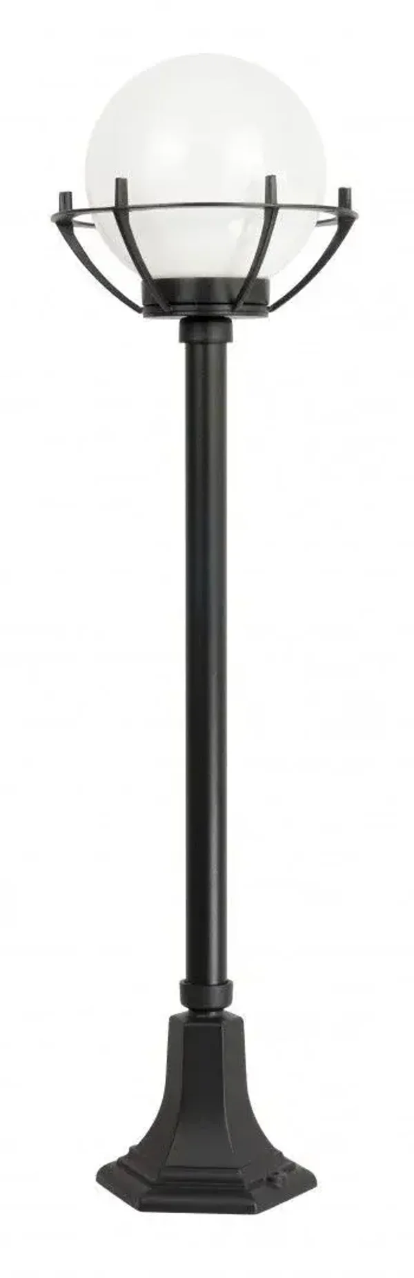 Hohe Garten-Pollerleuchte mit Kugelschirm und Schutzkorb H 102 cm