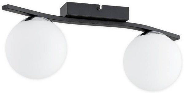 Zweiflammige Deckenleuchte mit schwarzen Mattelementen und weißen Glaskugeln